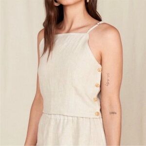 MATE the Label Neutral Beige Issa Linen Crop Top Side Buttons